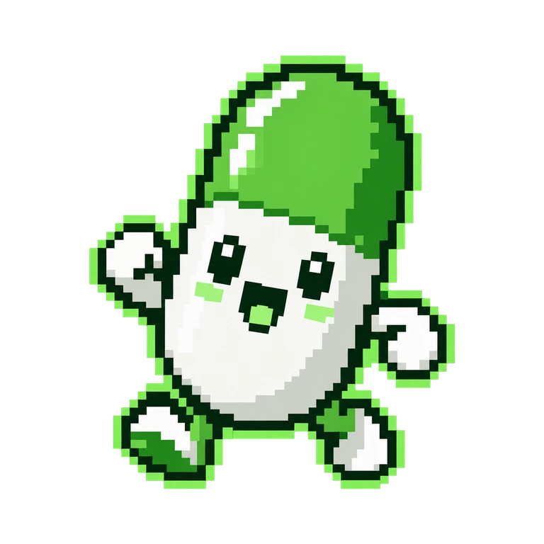 The Pilzi capsule character: a green and white capsule with a small smile